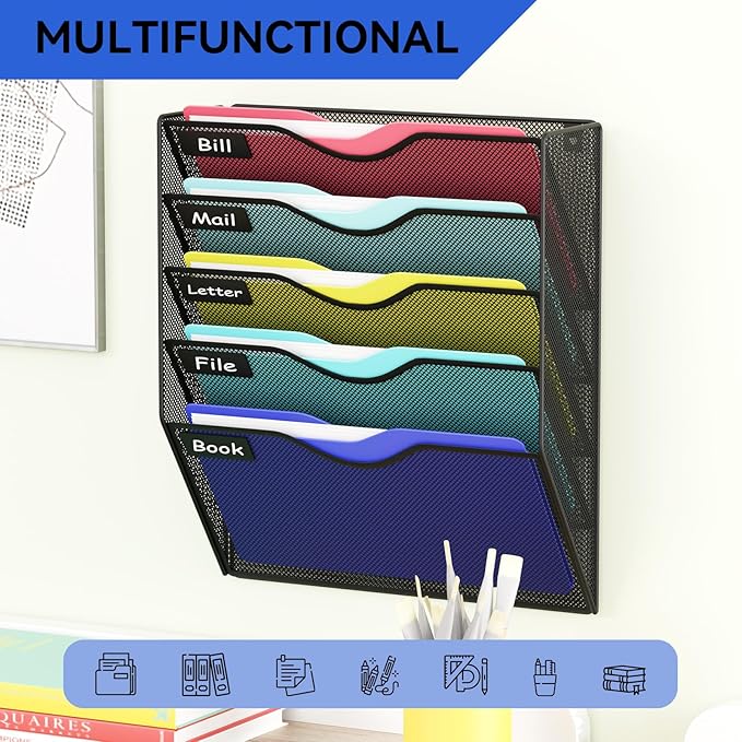 5 Pockets Hanging Wall File Organizer Mail Holder, Wall Mounted Paper Document Folder Holder, Clipboard Storage Organization Magazine Rack, Black - Image 6