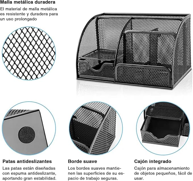 Desk Organizer and Pencil Case with Drawer and 6 Compartments in Black Metal Mesh. Space-Saving Desk Organizer for Pens, Pencils, Sticky Notes, Clips and Staplers - Image 5