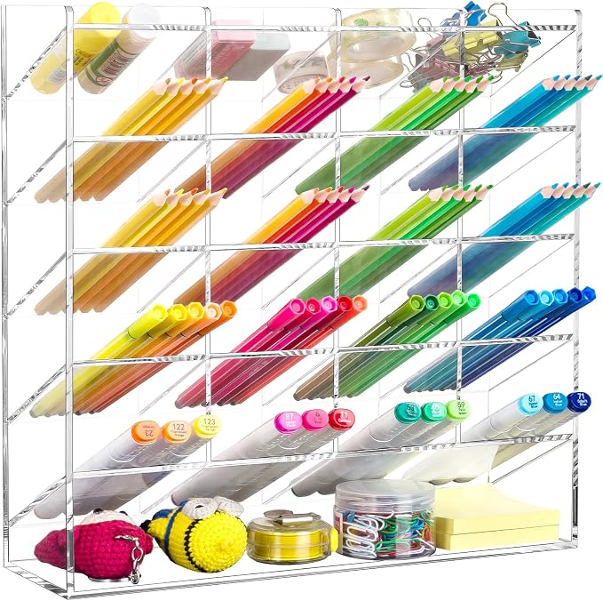 BEYGORM Acrylic Vertical Marker Organizer for 250 Markers, Desk Orgaizer | 21 Compartments Clear Angled Pen & Pencil Holder, Large Stationery & Art Supply Storage for School (13 x 12.5 x 4 Inch) by BEYGORM