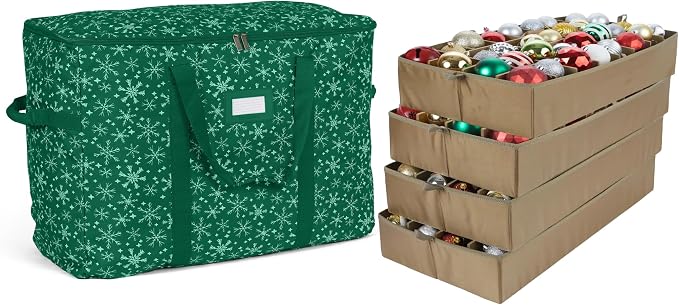 Covermates Keepsakes Adjustable Ornament Storage Bag – Heavy-Duty Polyester, Padded Dividers & FlexGrid Trays – Protective Holiday Ornament Organizer with Handles & Label Window, Green Snowflake by Covermates