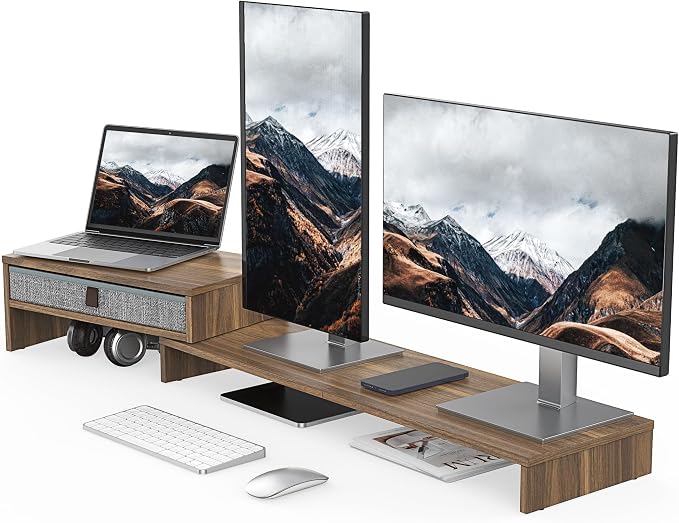 Fenge Triple Monitor Stand with Srorage Drawer, Adjustable Length and Angle | Computer Monitor Riser for 2 or 3 Monitors, Wooden Desktop Laptop Stand, Office Organizer for PC, Screen, Tablet, Brown by Fenge