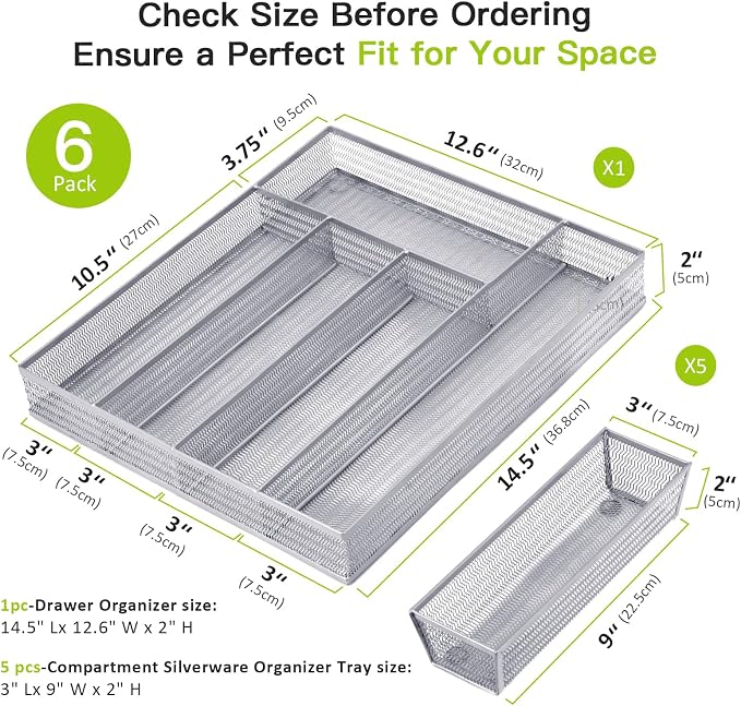 Neudeco Drawer Organizer Set, Silver Mesh, 6 Pack | 5-Compartment Silverware Tray, 5 Utensil Trays, Non-Slip, For Flatware, Cutlery, Office Supplies - Image 2