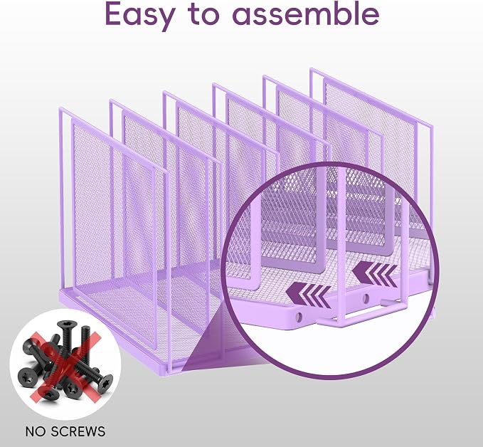 File Organizer for Desk, 5-Section Vertical File Sorter, Paper Holder Organizer Standing Metal File Folder for Office Home Classroom, Purple - Image 4