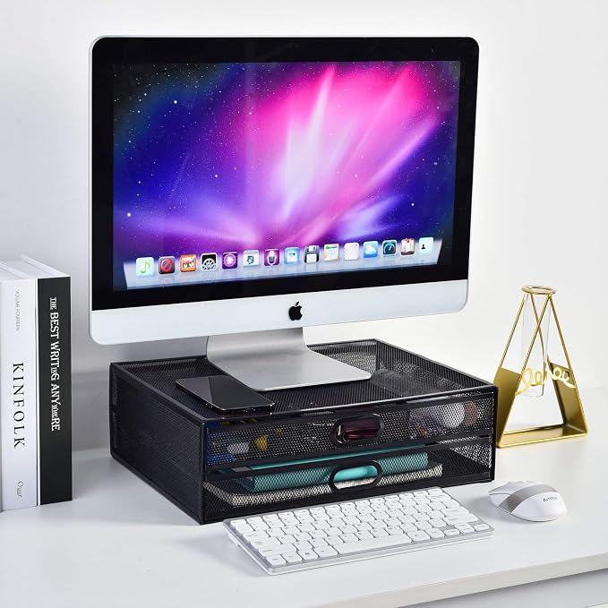 Monitor Stand Riser with Drawer - Metal Mesh Desk Organizer with Dual Pull Out Storage Drawer, Printer Holder with Pull Out Storage Drawe - Image 4