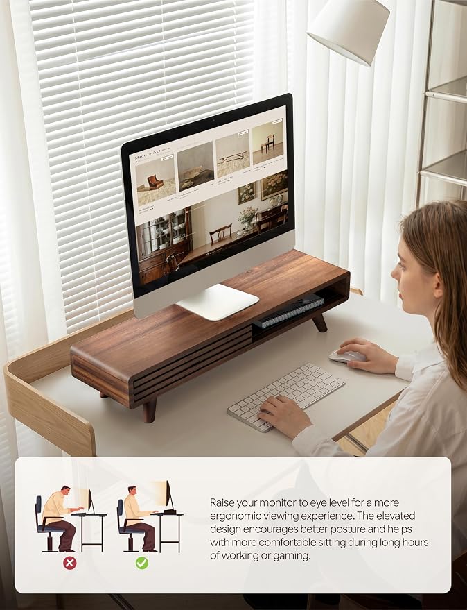 Tinamo 24" Wooden Monitor Stand Riser with Storage Organizer, Walnut Color | Acacia Wood, Sliding Door, Cable Management, Fits up to 32" Monitors, Multi-purpose Storage, Used for Computer, Laptop, TV - Image 5