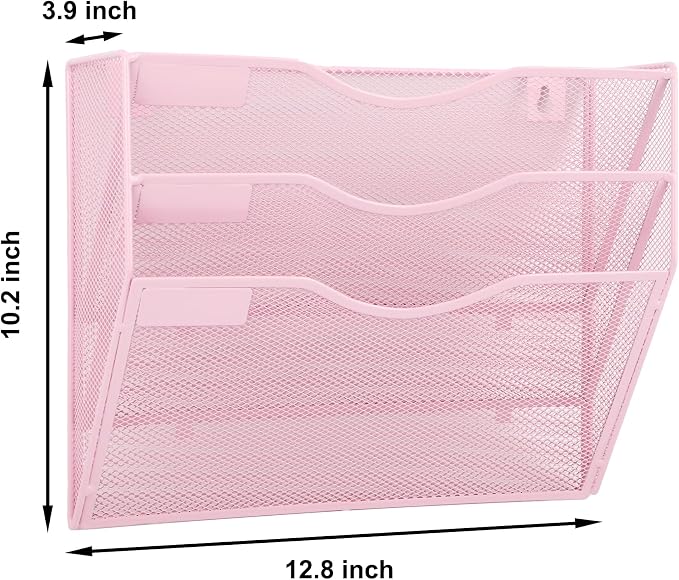 3 Pocket Mesh Hanging Wall File Organizer, Wall Mounted Mail Paper Document Folder Holder, Clipboard Storage Organization Magazine Rack with Nametag Label for Office Home School, Pink - Image 2