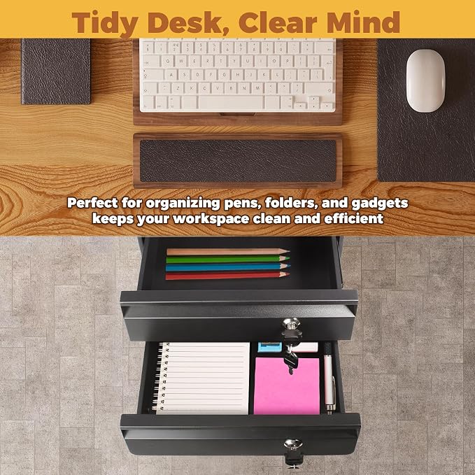 POPMOON 14" D Double Under Desk Drawer Lockable Pull Out Storage Organizer | Metal Under Table Drawer with Lock & Key, Adjustable Height Under Desk Drawer Slide Out Smooth Slide Rails, Tier Hold 33 lbs - Image 6