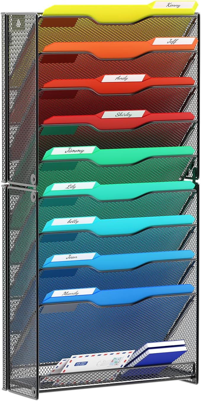 samstar 10 Tier Wall File Organizer, Hanging Wall Mount File Holder Paper Folder Mail Organizer, Mesh Metal, Black. by Samstar