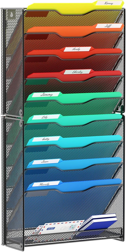 samstar 10 Tier Wall File Organizer, Hanging Wall Mount File Holder Paper Folder Mail Organizer, Mesh Metal, Black. by Samstar
