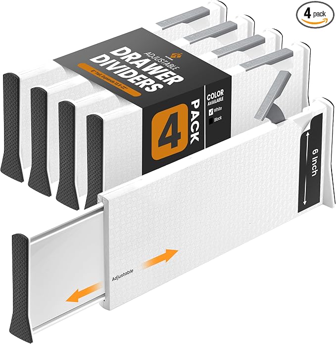RAPTUROUS Adjustable Deep Drawer Divider – 6" Tall, Expandable 13-22", 4-Pack, Non-Slip Drawer Dividers for Clothes, Dresser, Kitchen & Office Organization (White) by Rapturous