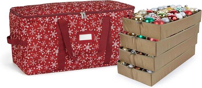 Covermates Keepsakes Adjustable Ornament Storage Bag – Heavy-Duty Polyester, Padded Dividers & FlexGrid Trays – Protective Holiday Ornament Organizer with Handles & Label Window, Red Snowflake by Covermates