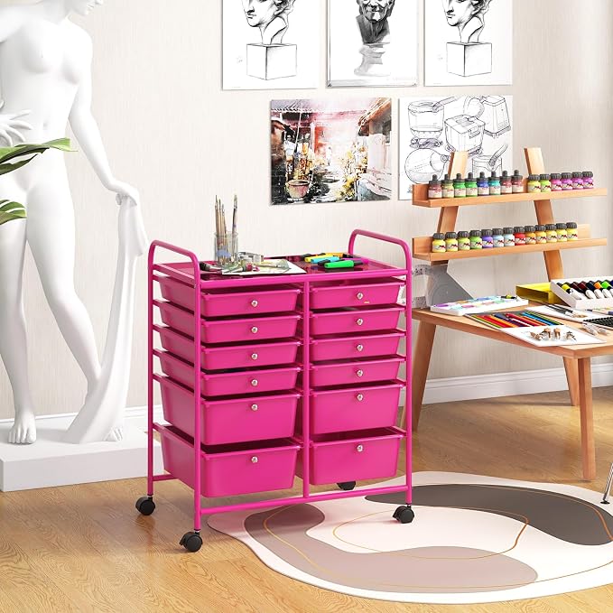 Moccha 12-Drawer Rolling Storage Cart - Utility Cart on Wheels with Lockable Casters for Craft Art Supply Paper Salon, Mobile Drawer Carts for Classroom Teacher School Office (Hot Pink) - Image 9