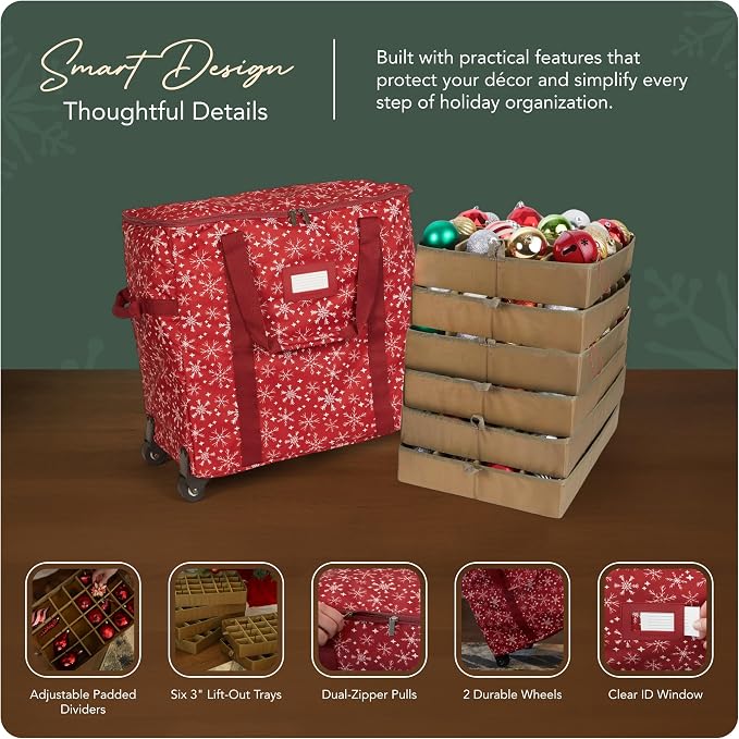 Covermates Keepsakes Rolling Adjustable Ornament Storage Bag – Heavy-Duty Polyester, FlexGrid Trays & Padded Dividers – Protective Holiday Organizer with Wheels, Handles & ID Window, Red Snowflake - Image 4
