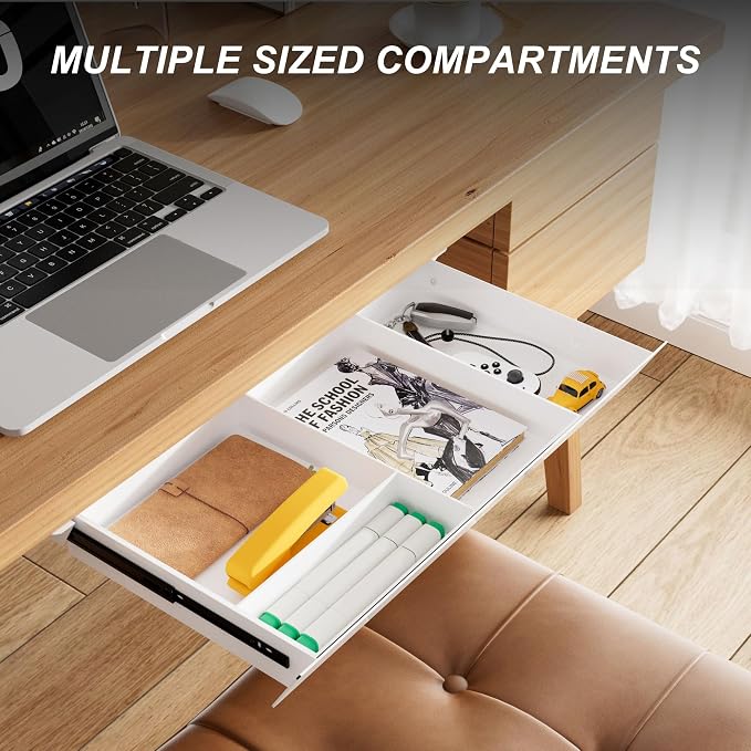 White Under Desk Drawer with Removable Tray, 22.4" Wide 2-in-1 Organizer – 60° Ergonomic Tilt, 4-Compartment Insert for Pens, Phones & Cables, Ball Bearing Slides, for Home Office & Student Desk - Image 3