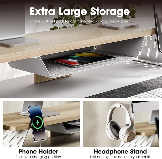 Fenge Dual Monitor Stand, Wooden Desk Shelf with Headphone & Phone Holder | 42.5" Monitor Riser with Storage Shelf, 2-Tier Monitor Shelf with Metal Leg for Home Office Organizer, Oak - Image 3
