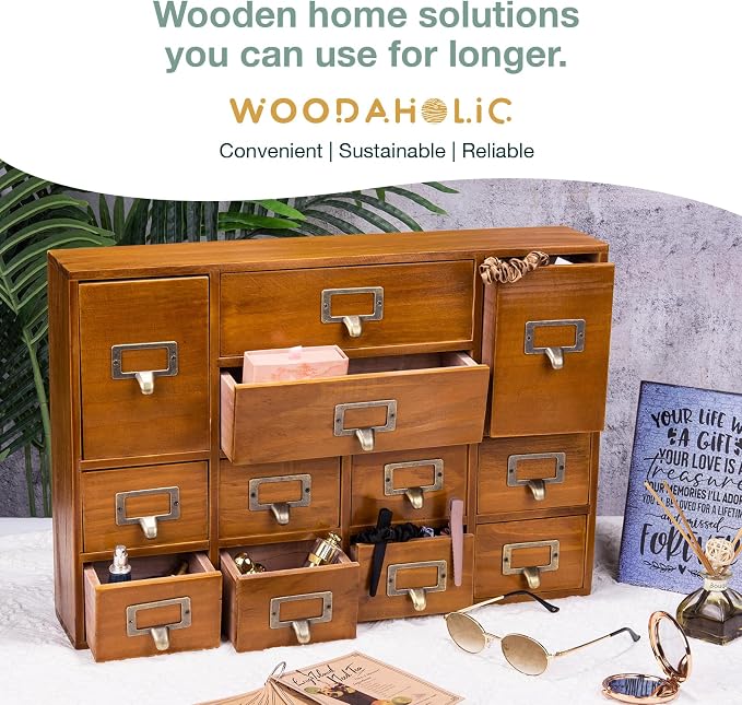 12-Drawer Apothecary Cabinet - Index Card Organizer - Vintage Chest of Drawers - Mahogany Wooden Organizer - Office Desktop Drawer Organizer for Herb Storage, Apothecary Diaries, Tea Collection - Image 8
