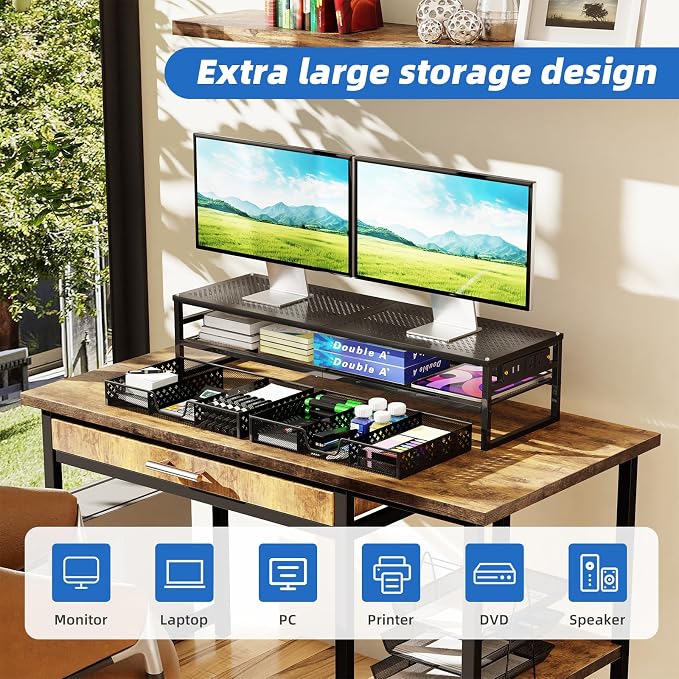Simple Trending 2-Tier Metal Dual Monitor Stand with USB & 2 Drawers, Black | 32"W x 10"D x 7"H. USB 2.0 + charging port. 2 drawers. Mesh cooling vents. Holds 100 lbs. Non-slip base. Cable ties included. - Image 5