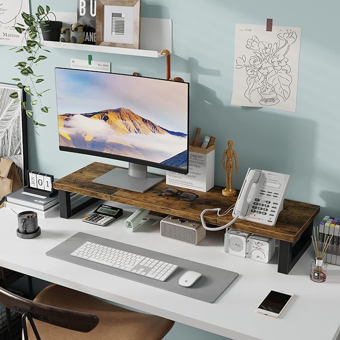 WESTREE Dual Monitor Stand Riser, Wood and Steel Monitor Stand Riser, Computer Monitor Stand for 2 Monitors, Multi-Purpose Desktop Storage Stand for Computer,Laptop,Printer,TV - Image 3
