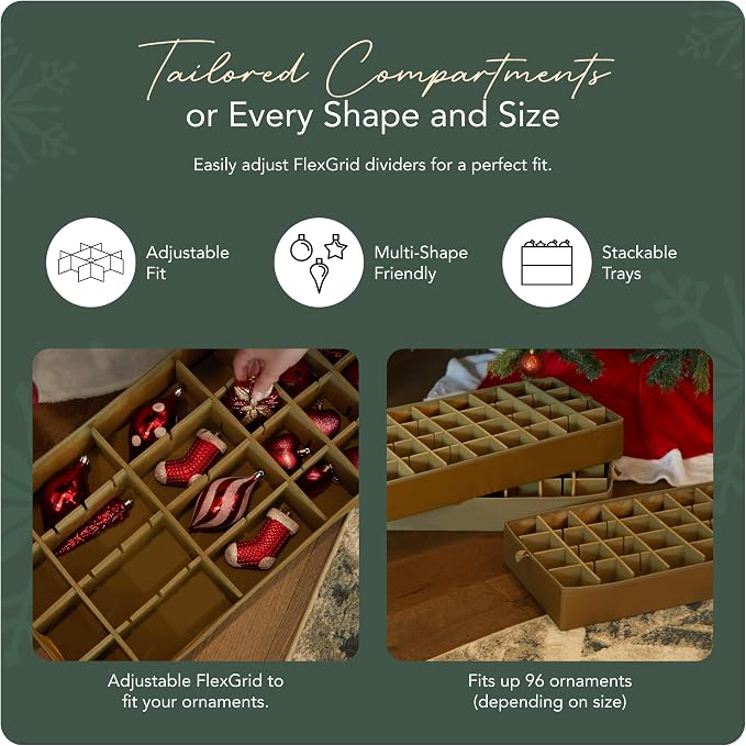 Covermates Keepsakes Adjustable Ornament Storage Bag – Heavy-Duty Polyester, Padded Dividers & FlexGrid Trays – Protective Holiday Ornament Organizer with Handles & Label Window, Red Snowflake - Image 5