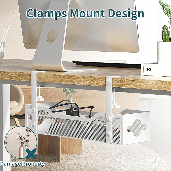 Under Desk Cable Management Tray 3 Pack, Cable Management Under Desk No Drill, Cable Organizer with Clamp for Wire Management, Cord Organizer for Office, Home - No Damage to Table (White) - Image 2