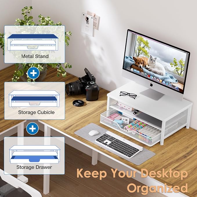Computer Monitor Stand Riser, Desk Organizer with Drawer, Printer & Laptop Stand, Office Desk Accessories & Workspace Desktop Organizers Storage for Office Supplies(White) - Image 5