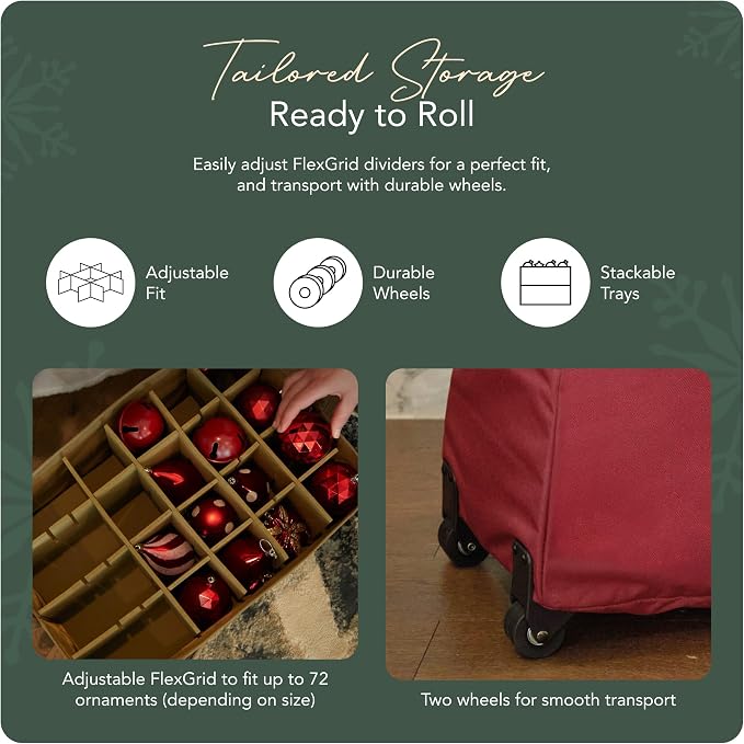 Covermates Keepsakes Rolling Adjustable Ornament Storage Bag – Heavy-Duty Polyester, FlexGrid Trays & Padded Dividers – Protective Holiday Organizer with Wheels, Handles & ID Window, Red - Image 5