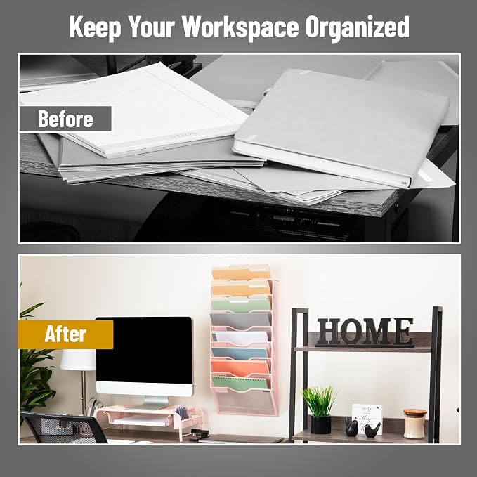 Mind Reader Wall File Organizer, 8 Pocket Hanging Document Rack, Office Wall Mount, Metal Mesh, Pink - Image 5