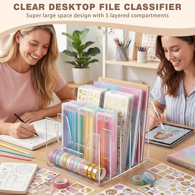5 Section Clear Acrylic Desktop File Organizer Vertical File Sorter 4mm Thick, Large Capacity Upright Magazine Organizer, Book Paper, Notebooks, Envelopes, Mail Holder - Image 7