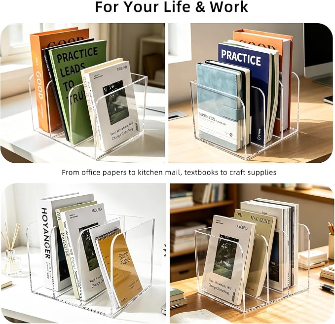 Clear Acrylic 3-Slot Magazine File Holder, Vertical Desk Organizer | 3 extra-wide compartments hold magazines, files, books, tablets. 5mm thick clear acrylic, non-slip base. No assembly. - Image 7