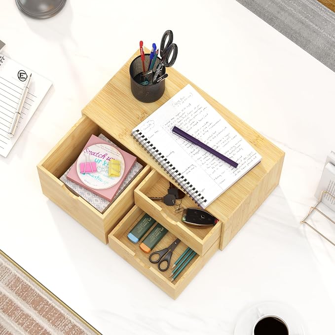 Bamboo Desk Organizer with Drawers, Desktop Storage Box for Office Supplies | 3 Drawers Desktop organizer, No Assembly Required, Natural Wood Wooden Desktop Drawers for Bills, Cosmetics, Seals, Paper - Image 2