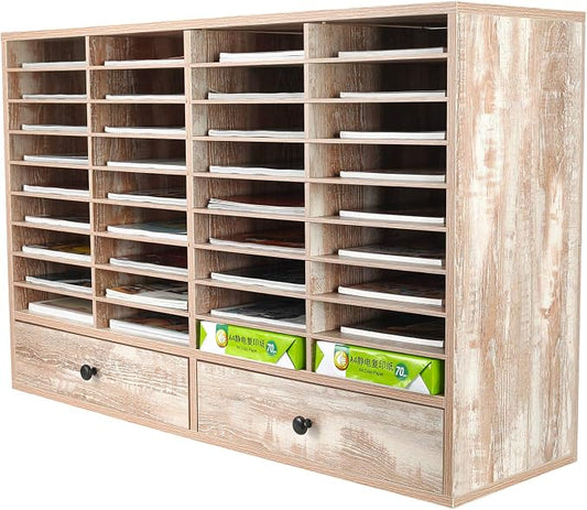 Mail Sorter Organizer, Wood Literature Organizer, Student Mailbox for Classroom, Desktop Bill Paper Organizer for Office Home School, 38 Compartments, Retro White by PAG