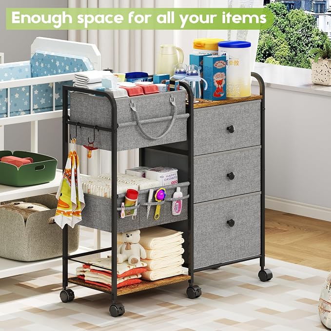 Cidaziya 2In1 Baby Diaper Caddy Organizer and Storage, 3 Tier Rolling Cart with Dividers and Drawers, Mobile Utility Cart Baby Dresser Clothes Organizer for Changing Table, Crib Nursery, Bedroom, Grey - Image 3