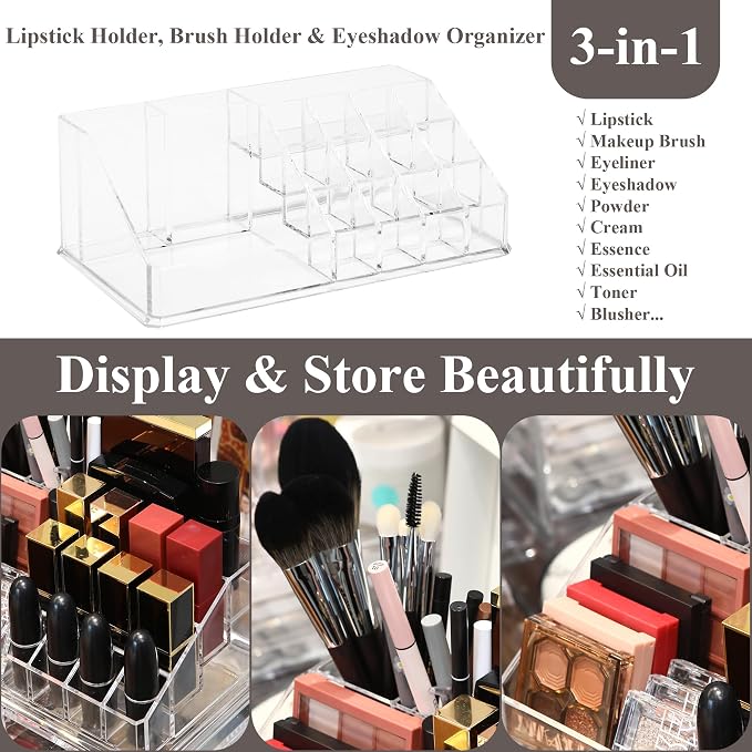 Sea Team Stackable Clear Acrylic 16-Slot Lipstick Organizer for Vanity | Makeup Storage Box, Cosmetic Display Case, Holder for Lippie, Gloss, Brush, Eye Liner, Eyebrow Pencil, Nail Polish, Essence - Image 5