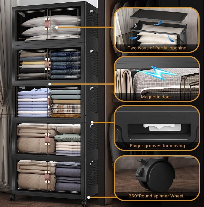Stackable Storage Bins with Lids, 600QT Closet Organizers and Storage Cabinet with Doors & Wheels, Lockable Plastic Foldable Drawers for Bedroom Dorm Office Garage（120QT*5,Black） - Image 6