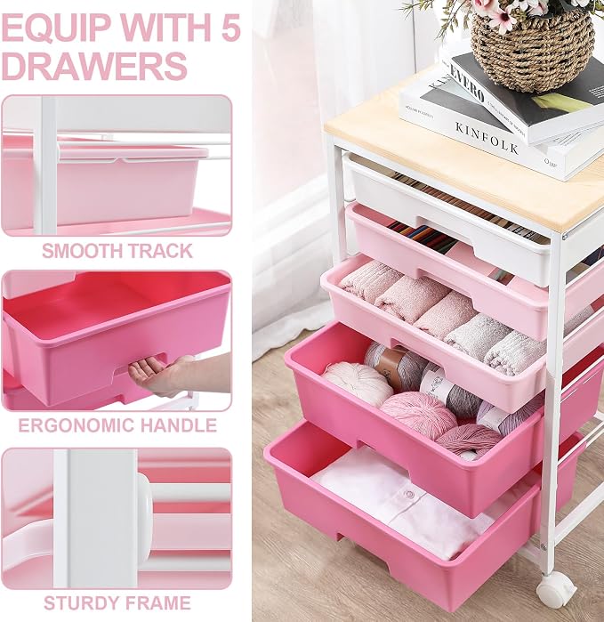 SYKIARIOL Utility Cart with Drawers,5 Drawers Storage Cart,Rose Pink | 5-Tiers Drawer Cart with Wooden Top with Lockable Wheels for Craft Organizers and Storage,Home Office,Classroom,Dorm,Playroom - Image 4