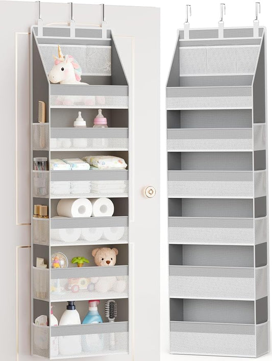 Over The Door Organizer, Heavy-Duty 6-Shelf Hanging Storage with 13 Mesh Pockets, 55lbs Capacity Behind The Door Storage for Nursery, Bathroom, Bedroom, and Dorm, Grey by Criusia