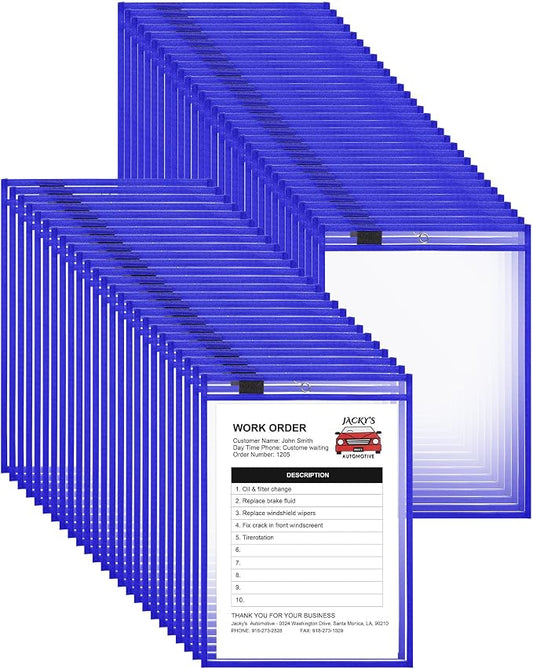 Nezyo Dry Erase Pockets Plastic Job Ticket Holders Shop Holder Order Pockets Clear Sleeves Tickets Folders Plastic Sleeves Paper Teacher Supplies for Classroom(10 x 14 in,Blue,100 Pcs) by Nezyo