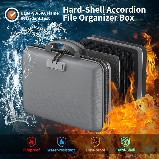 DocSafe Fireproof File Organizer with Lock, Hard-Shell Case Fireproof Document Box with 13 Pocket Accordion File Folder, Portable Home Office Travel Safe Storage for Important Documents Laptop Gray - Image 2