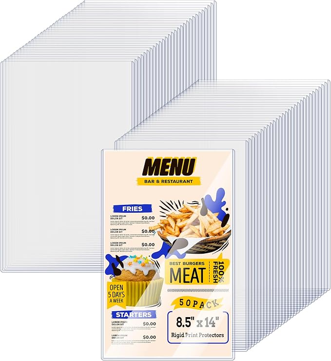 AKONEGE 50PCS Menu Covers 8.5" x 14" Rigid Print Protectors Clear Plastic Page Sheet Protectors for Legal Size Paper, Top Loading Hard Plastic Paper Sleeves for Poster Document Photo Birth Certificate by AKONEGE