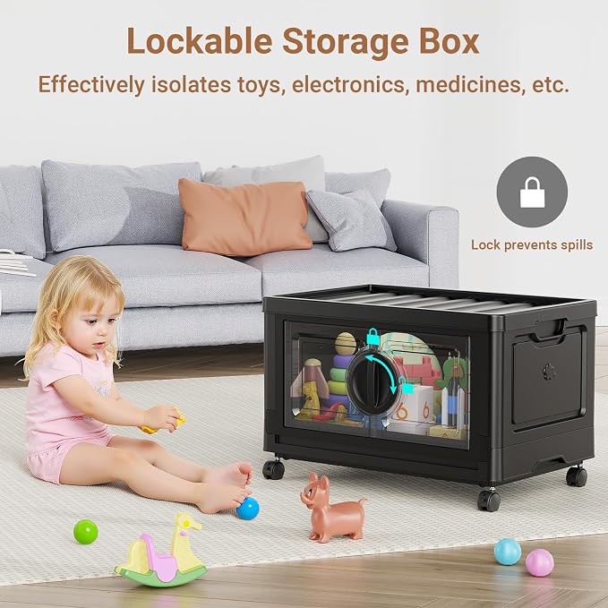 BROVIEW 480Qt Lockable Stackable Storage Bins with Lids, Closet Organizers and Storage Drawer, Collapsible Storage Bin with Wheels, Plastic Cabinet for Toy Clothes Dorm Organizer, V9 4 Pack Black - Image 4