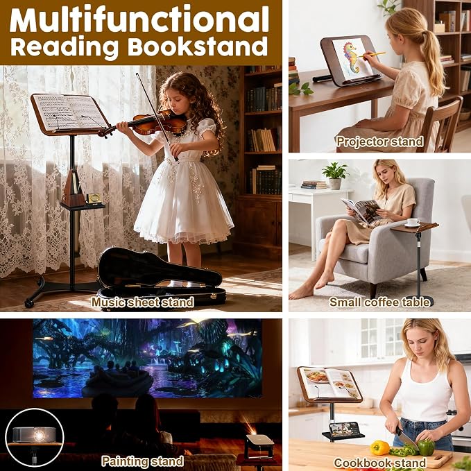 2 in 1 Dual-use Music Stand & Desktop Book Stand, Adjustable Height 16.5"-51", 100% Solid Wood Laptop Floor Stand Book Holder with Elastic Page Clips for Cookbooks (Black Walnut with Tray and Wheels) - Image 4