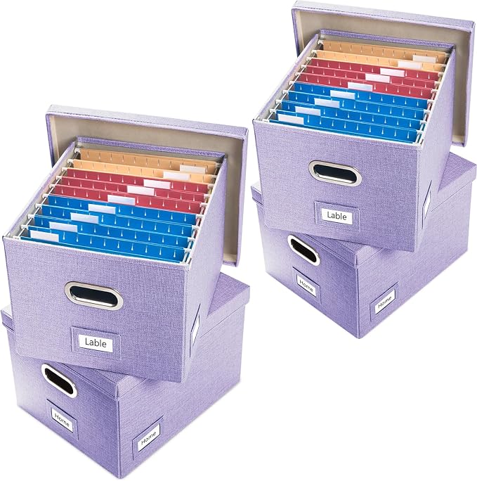 File Organizer Box - Set of 4 Collapsible Decorative Linen Filing Storage Hanging File Folders with Lids Office Cabinet Letter/Legal Size Purple 17.1x14x11.1 inch by Prandom