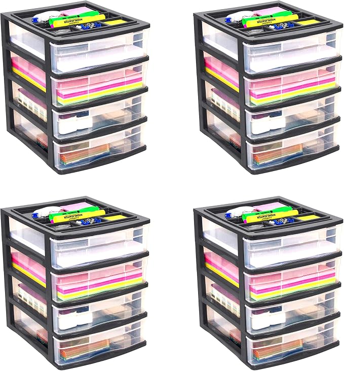 Gracious Living 4 Drawer Desktop & Countertop Organizer w/Organization Lid for Craft Storage, Office Supplies & School Supplies, Black/Clear (4 Pack) by GraciousLiving