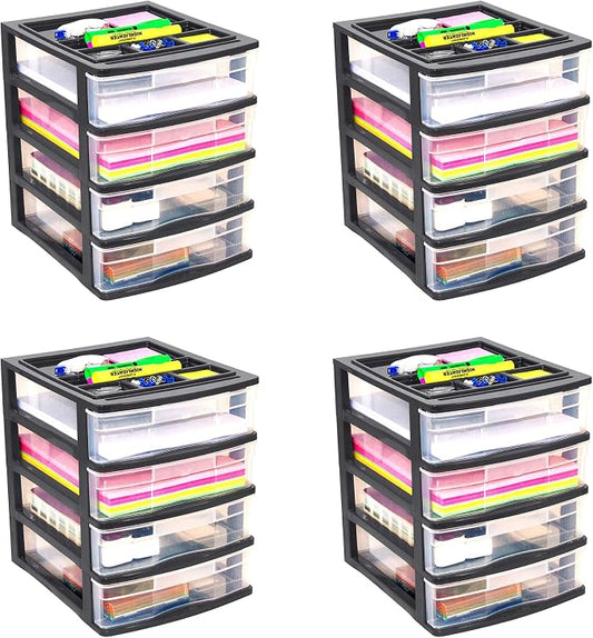 Gracious Living 4 Drawer Desktop & Countertop Organizer w/Organization Lid for Craft Storage, Office Supplies & School Supplies, Black/Clear (4 Pack) by GraciousLiving
