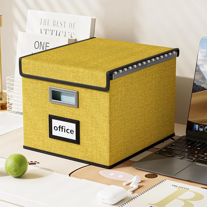 File Organizer Box with Lids, Collapsible File Folder Organizer | File Box with Plastic Slides for Office Document Storage, Filing Bin for Letter Size Hanging File Folders (1 Pack, Yellow) - Image 5