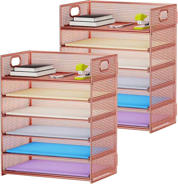 Marbrasse 2 Pack Desk Organizer with Handle, 6 Tier Paper Letter Tray, Mesh Desk File Organizer for Office, School and Home - Rose Gold by Marbrasse