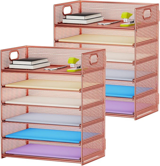 Marbrasse 2 Pack Desk Organizer with Handle, 6 Tier Paper Letter Tray, Mesh Desk File Organizer for Office, School and Home - Rose Gold by Marbrasse