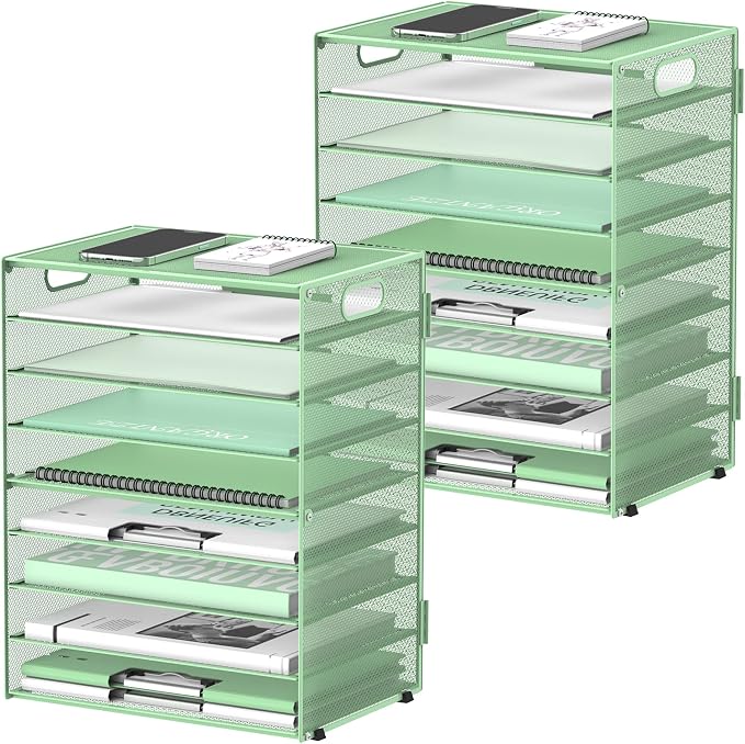 9-Tier Paper Organizer for Desk with Handles, Mint Green, 2 Pack | Desk File Organizer with Removable Trays for Sorting Files, Folders, Mail and Printer Paper at Home, School or Office by DALTACK