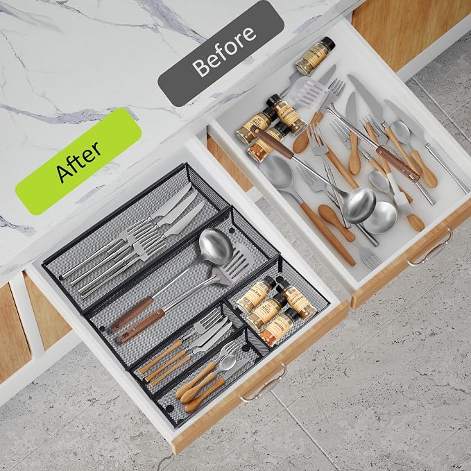 Neudeco Drawer Organizer, Black, 5 Pack, 15x6.2x2 inches | Metal Mesh Silverware Tray, Interlocking Design, 5 Compartment, For Kitchen Utensils - Image 5