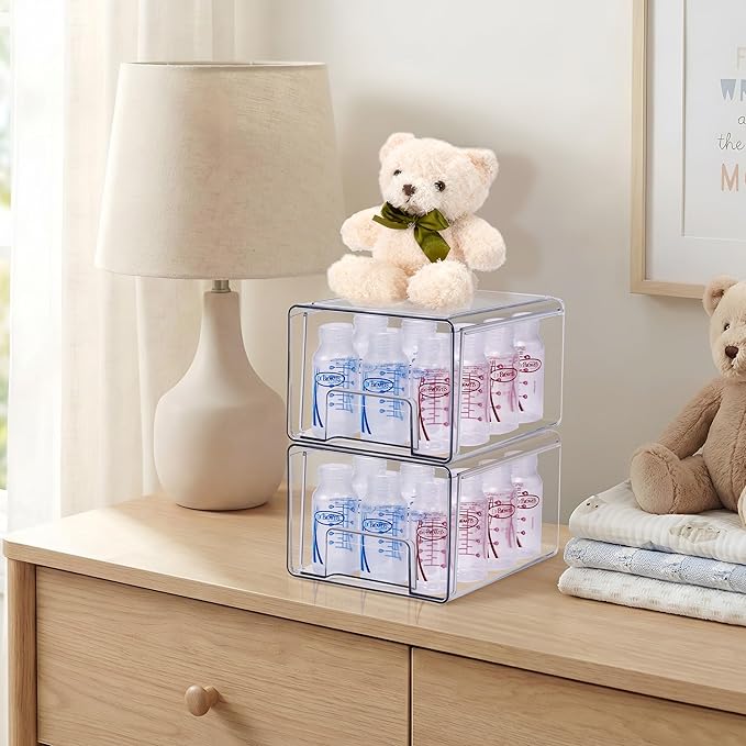 Sorbus Large Clear Stackable Storage Drawers – 2-Pack Plastic Organizer Bins with Handles – Pull-Out Stackable Drawers for Bathroom Closet, Medicine, Cabinet, Pantry Storage, Baby Bottle Organizer - Image 4